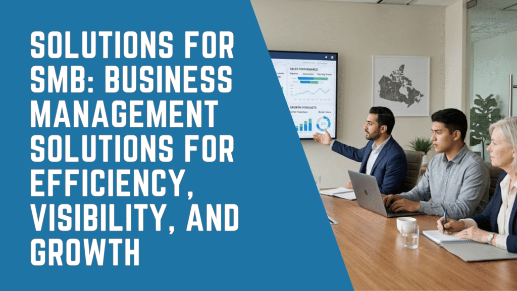 Solutions for SMB showing finance and operations leaders reviewing ERP dashboards for efficiency, visibility, and growth.