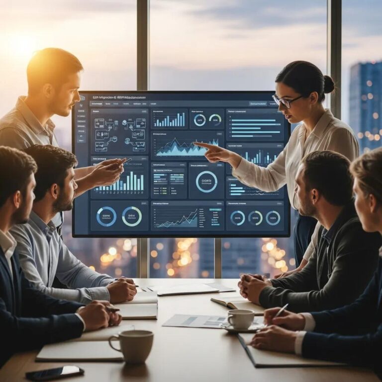 Collaborative team reviewing ERP migration plans and data