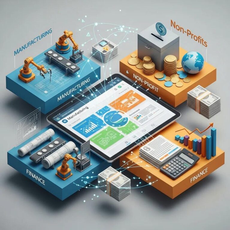 Illustration showing ERP features for manufacturing, non-profits, and finance