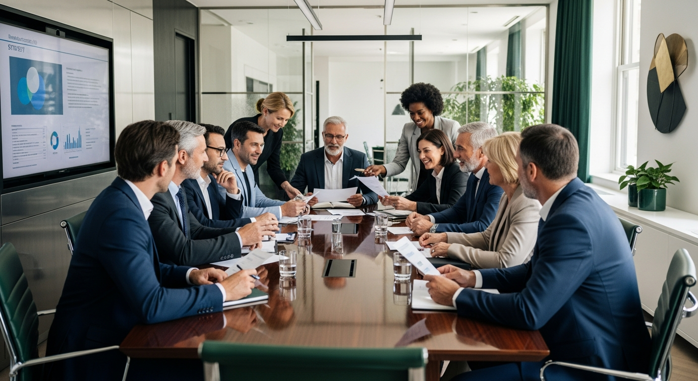 Business executives collaborating in a boardroom meeting while reviewing financial dashboards and ERP strategy discussions related to Sage Business Vision