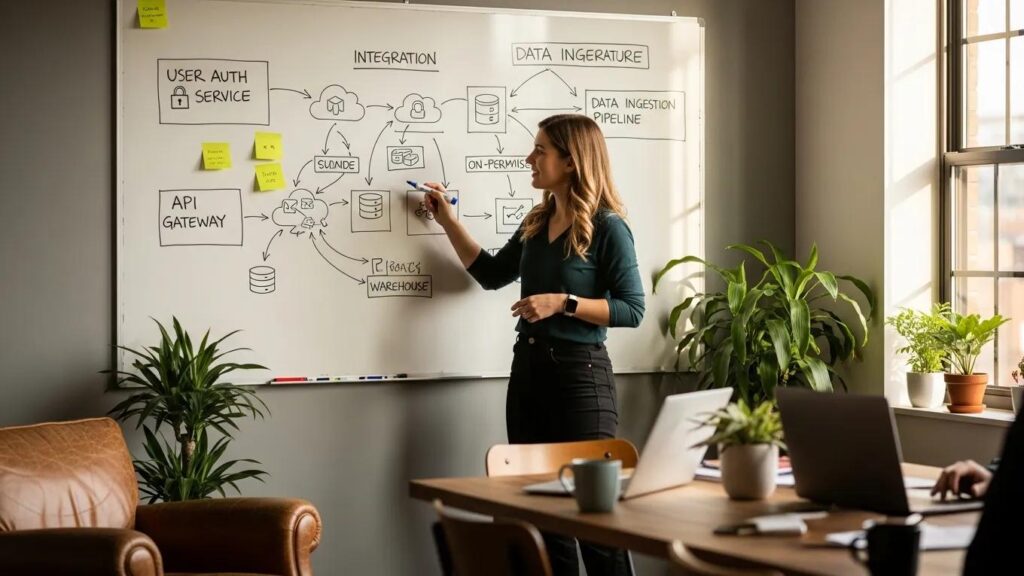 Team member sketching integration architecture on a whiteboard in a collaborative office