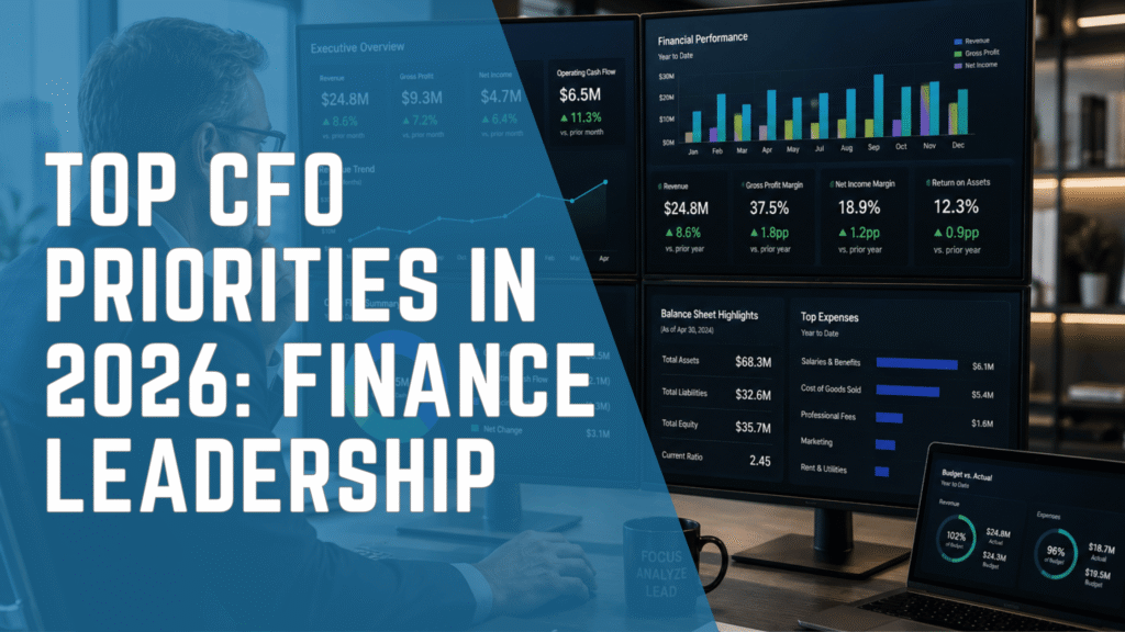 CFO priorities illustrated by a CFO analyzing real-time financial dashboards in a modern ERP system.