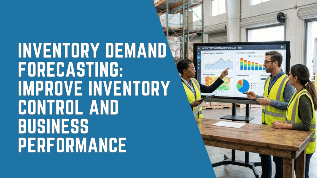 Inventory demand forecasting dashboard showing stock levels, sales trends, and ERP inventory control metrics.