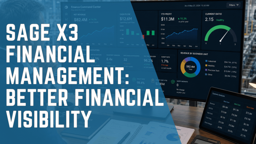 CFO using Sage X3 financial management dashboard to monitor business performance in real time.