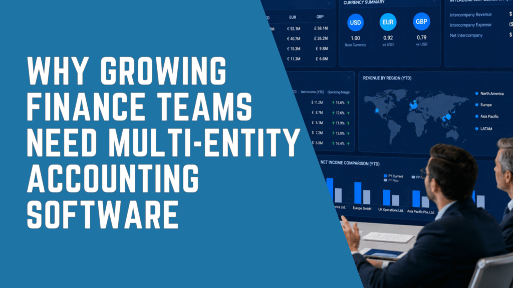 Finance leaders using multi entity accounting software to review consolidated financial reporting across multiple entities.