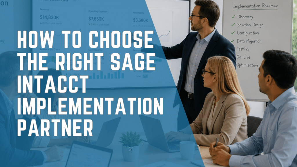 Finance executives collaborating with a Sage Intacct implementation partner during an ERP planning session.