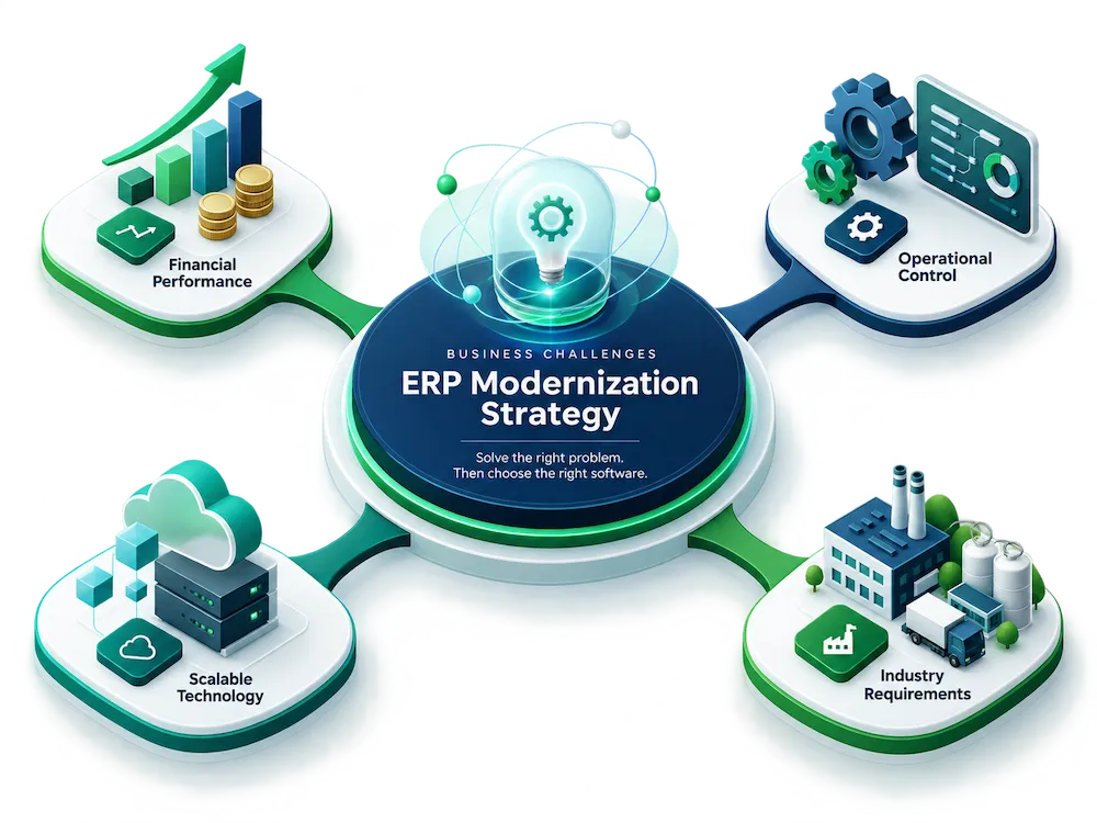 ERP modernization strategy connecting financial performance, operational control, scalable technology, and industry requirements.